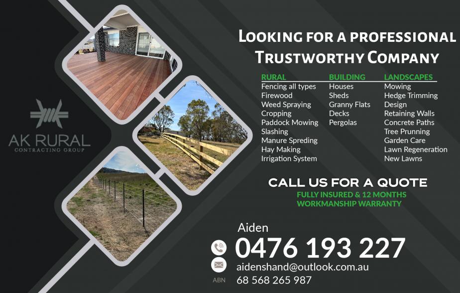 AK Rural Contracting Group- 0476 193 227 

Rural Fencing Canberra
Rural Fencing Supplies Canberra
Colorbond Fencing Contractors Canberra
Colorbond Fencing Supplies Canberra
